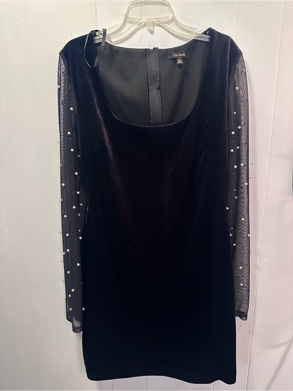 City Studio Black Velvet Mini Dress with Pearl-Dotted Sheer Sleeves